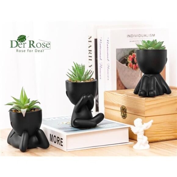 Artificial Succulents in Black Human Pot Indoor Fake Plants Home Office Decor - Picture 3 of 7